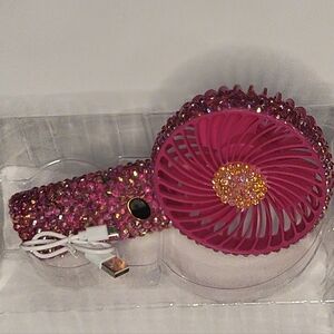Custom Designed One Of A Kind MVMT Fuschia/Pink with Gold Trim Rhinestone Fan